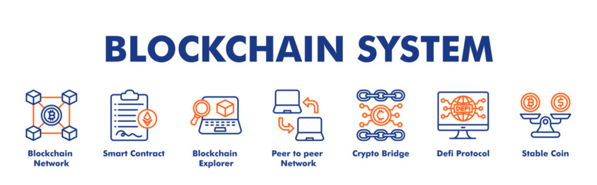 BLOCKCHAIN SYSTEM web banner icon vector illustration concept for business with icon of Blockchain Network, Smart Contract, Blockchain Explorer, Peer to peer Network, Crypto Bridge, Defi Protocol.