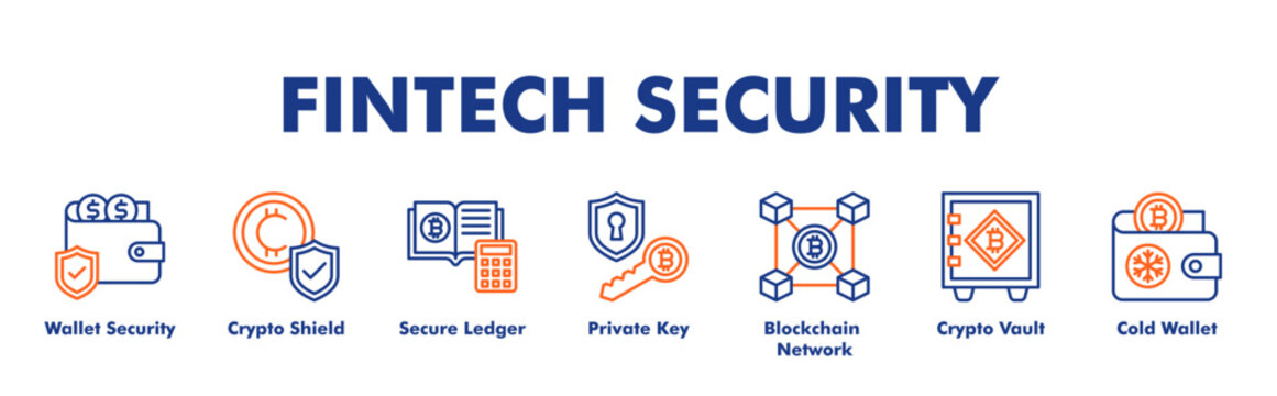 FINTECH SECURITY web banner icon vector illustration concept for business with icon of Wallet Security, Crypto Shield, Secure Ledger, Private Key, Blockchain Network, Crypto Vault.
