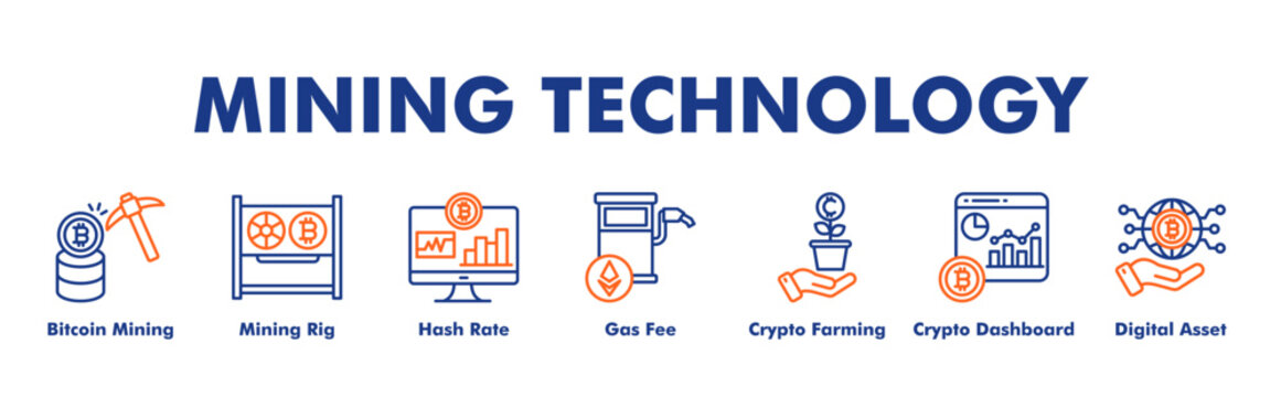 MINING TECHNOLOGY web banner icon vector illustration concept for business with icon of Bitcoin Mining, Mining Rig, Hash Rate, Gas Fee, Crypto Farming, Crypto Dashboard.