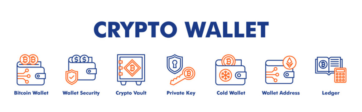 CRYPTO WALLET web banner icon vector illustration concept for business with icon of Bitcoin Wallet, Wallet Security, Crypto Vault, Private Key, Cold Wallet, Wallet.