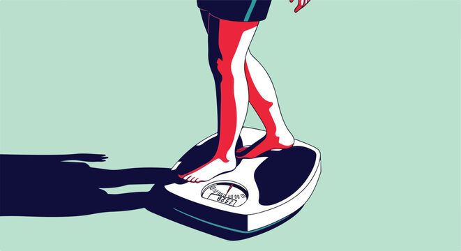 Graphic illustration of person's legs on a bathroom scale, strong shadow, mint background