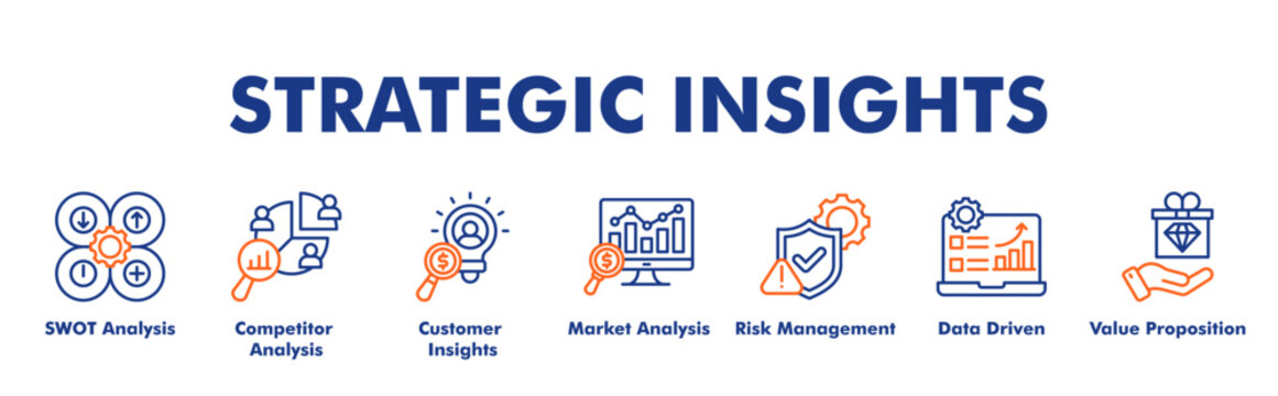 STRATEGIC INSIGHTS web banner icon vector illustration concept for business with icon of SWOT Analysis, Competitor Analysis, Customer Insights, Market Analysis, Risk Management, Data Driven.