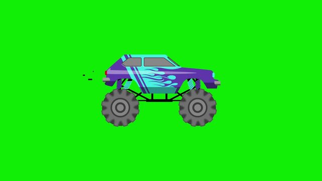 Flat 2D Animation SUV Custom to Monster Truck Moving On Green Screen - Cartoon Stock Footage