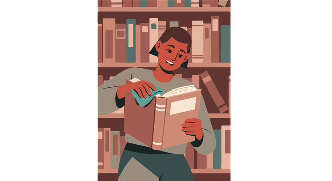 Smiling person organizing books on a full shelf, holding an open book and cleaning