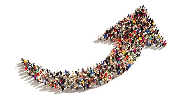 A large diverse group of miniature people viewed from above, collectively forming a dynamic upward-curving arrow shape on a clean white background, symbolizing growth and progress.
