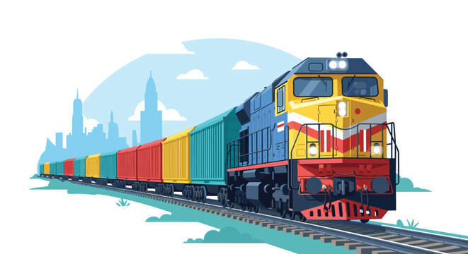 Long freight train with colorful cargo containers traveling on tracks with a blue city skyline in the distant background.