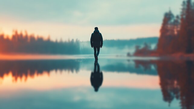 A lone figure walks on a calm, reflective lake at sunset, surrounded by misty forest and serene natural beauty.