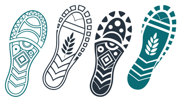 Vector illustration of various shoe sole prints and patterns, showing different designs for walking