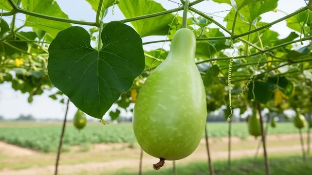 Green bottle gourd hanging on vine in sunlit garden, close-up nature shot 4K Ai HD high quality video.