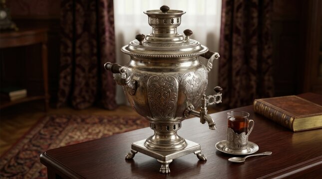 Antique samovar on table with tea cup against vintage interior background