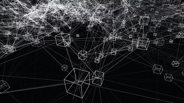 Flawless seamless loop of abstract cityscape. Generated via code. 4K Apple ProRes 422HQ 30fps. Dark cyber-block background featuring sweeping scanners and silver colors. Includes copy space.
