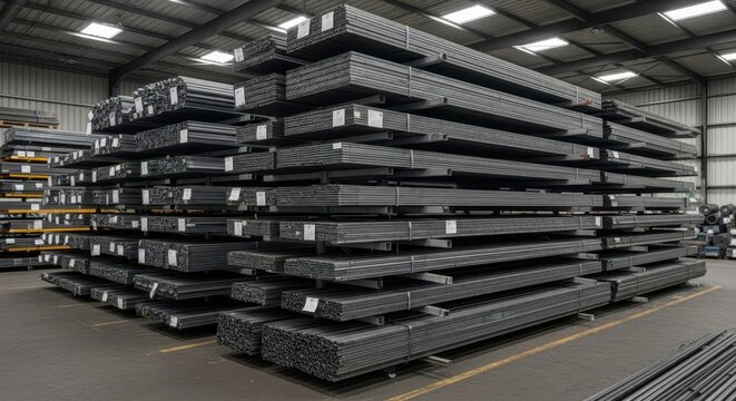 Industrial warehouse storing large stacks of steel metal sheets and bars for manufacturing and construction.