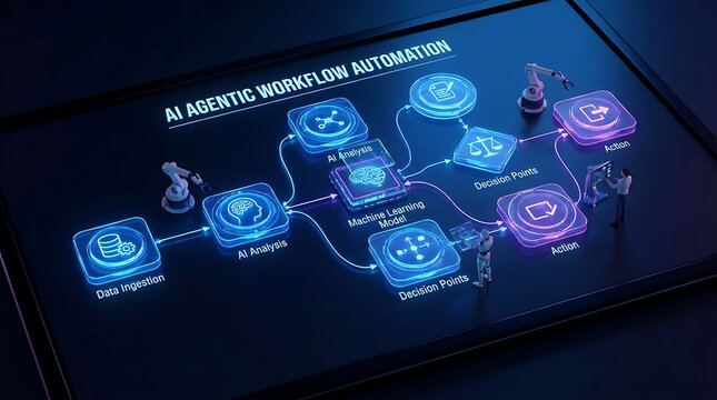 Sophisticated 3D visualization of an artificial intelligence agentic workflow automation dashboard featuring interconnected neural network nodes and futuristic digital data management layout.