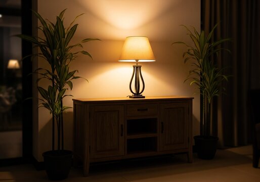 Modern table lamp on wooden console with green plants