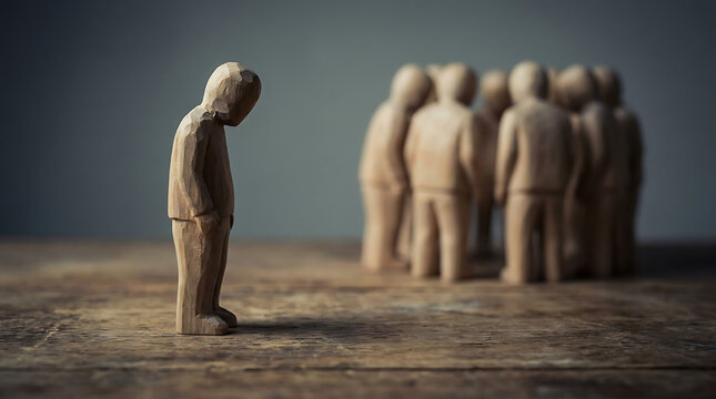 Melancholic wooden manikin standing solitary and excluded from a diverse group of figures depicting social isolation, workplace bullying, emotional discrimination, and psychological rejection.