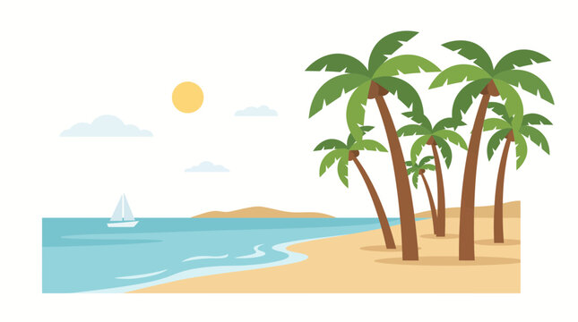 Tropical Beach Paradise: Palm Trees, Ocean, Sailboat, Sunny Day