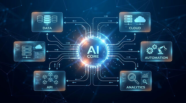 Advanced artificial intelligence integration system linking digital information cloud automation application interface and big data analytics through a powerful central processor core.