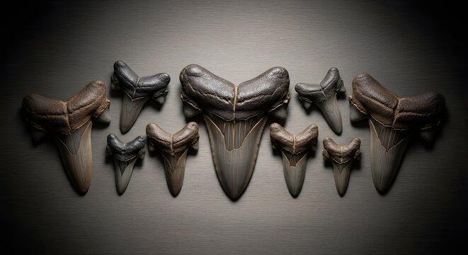 Collection of Fossilized Megalodon Shark Teeth Displayed Artistically.