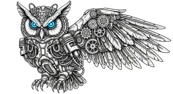 Steampunk Owl with Mechanical Wings.