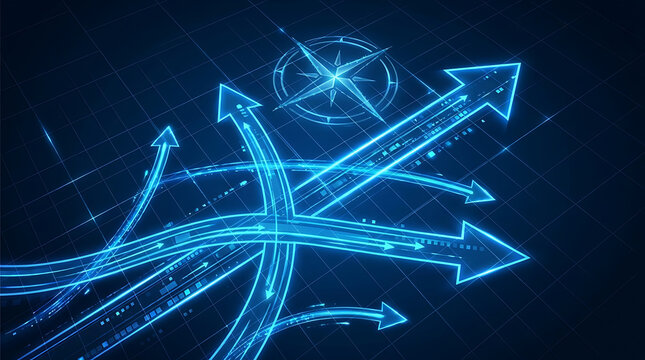 Blue glowing arrows pointing forward on a futuristic digital grid background representing business strategic direction corporate growth innovation and leadership in change management.