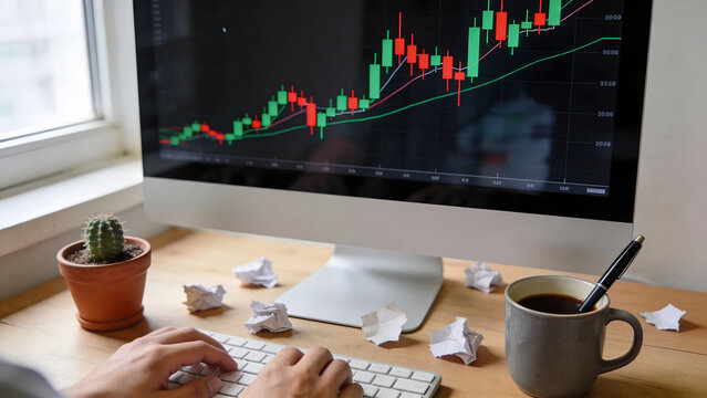 Close up of a computer monitor displaying an upward trending stock market trading chart on a home office desk