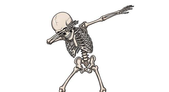 Playful skeleton doing dab dance pose illustration.