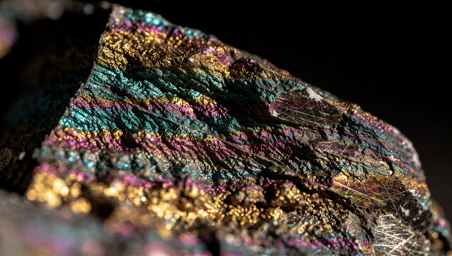Iridescent Chalcopyrite or Peacock Ore Mineral Rock With Rainbow Gold Teal and Pink Metallic Surface on Black Background, Geology Gemstone Macro Photography