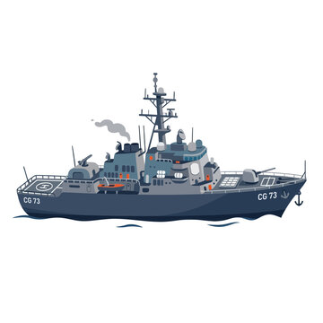 Modern military patrol boat CG 73 with helicopter pad and radar on white background