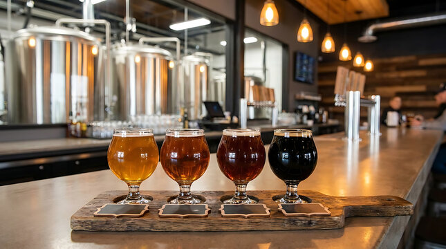Artisanal craft beer flight assortment featuring four diverse ale varieties served on a rustic timber paddle within a contemporary microbrewery industrial tasting room setting.
