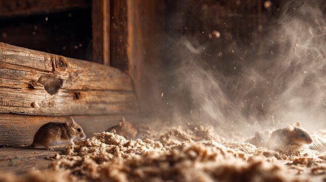 Two Mice Standing On Insulation Material In Dusty Barn For Wildlife And Destruction Concepts