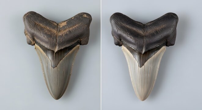 Two Fossilized Megalodon Shark Teeth Displayed Side by Side.