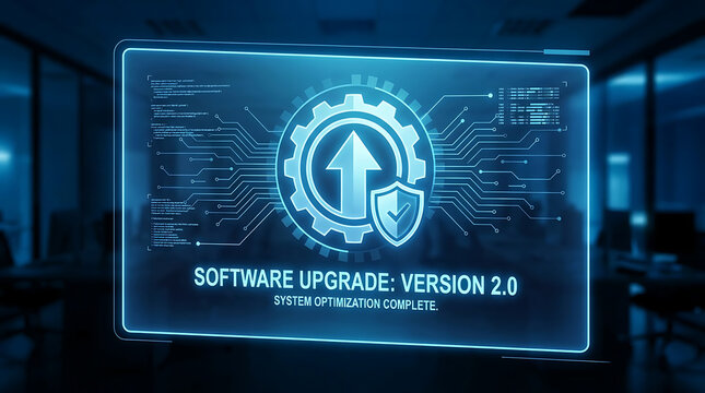 Professional digital software update icon symbolizing a modern computer program upgrade and system installation within a corporate business technology environment and cyber security infrastructure.