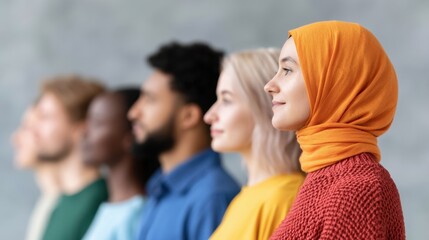 Obraz premium Diverse group of multicultural young adults standing in a row side view with thoughtful expressions and casual clothing in blurred background