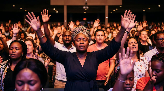 Devoted African female spirit expressing deep faith with uplifted arms during spiritual church assembly among diverse congregation of believers in prayerful meditation.