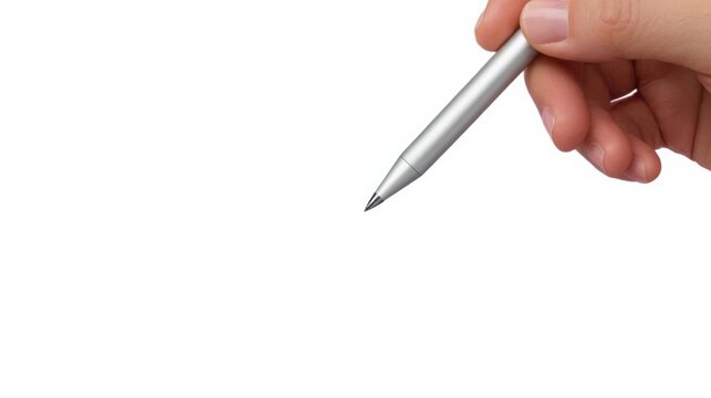 Hand holding silver stylus pen against white background