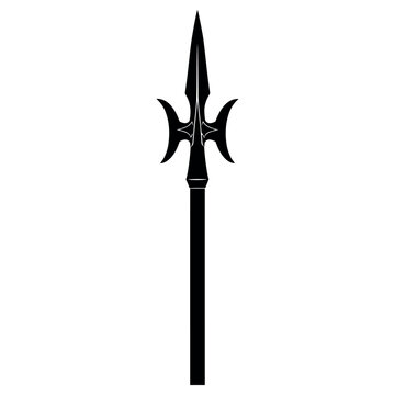 Sharp medieval halberd weapon with a long wooden pole and a pointed metal blade features a classic silhouette design in this high contrast black and white graphic isolated art photograph.