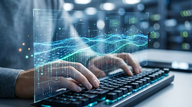 Close-up of human hands typing on a laptop keyboard with glowing blue digital data lake visualization, holographic stream, and futuristic technology interface overlaying the scene.