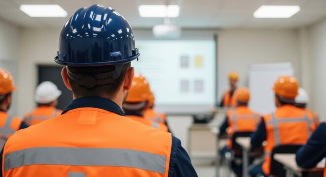 Construction Workers Attending Safety Training Seminar in Classroom.