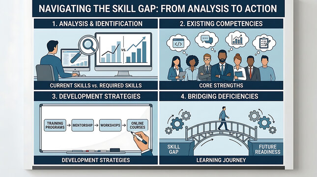 Professional business illustration depicting talent skill gap analysis identifying employee proficiency and developing strategic tactics to bridge knowledge deficiencies in workplace.