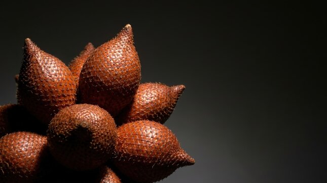 Distinct reddish brown snake fruit with scaly skin, a beautiful close up of tropical salak fruits arranged in a cinematic widescreen composition capturing exotic textures and organic patterns.