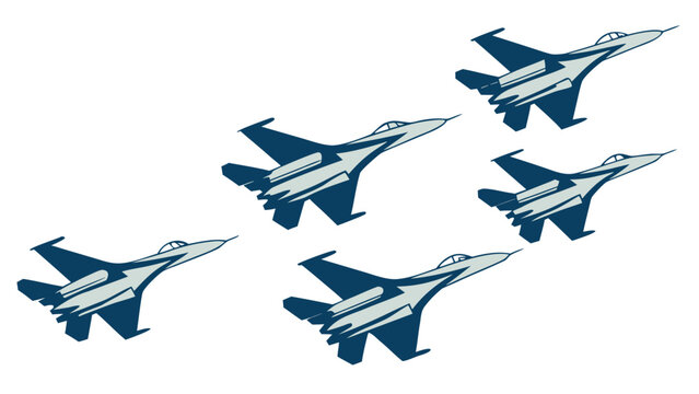 Vector illustration of five military fighter jets flying in formation, air force aviation concept, airplane