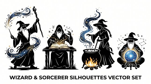 Wizard and sorcerer silhouettes with magical effects crystal ball sorcerer