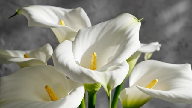 Close-up of elegant white calla lilies bathed in bright sunlight, showcasing their delicate beauty and soft petals