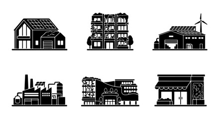 Fototapeta premium Modern Building Icons, Eco-Friendly Architecture Set, Urban Construction Vector Collection