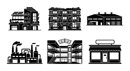 Fototapeta premium Modern Building Icons Set: Eco-friendly Homes, Offices, Factories, Shops