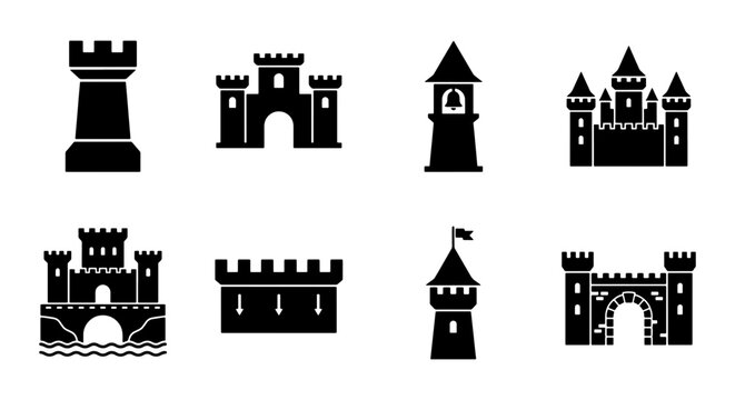Castle Icons Set, Medieval Fortress Symbols, Royal Architecture Vector Graphics