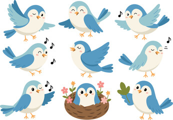 Obraz premium Cute blue bird cartoon character collection with singing flying and nesting poses vector illustration set