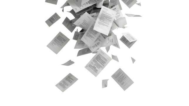 Scattered paper documents flying in midair against white background