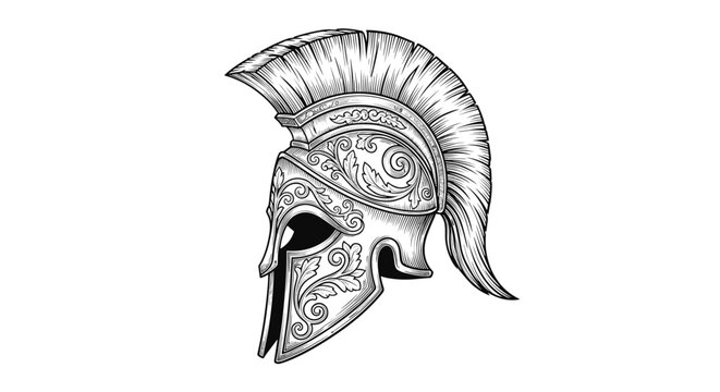 Detailed spartan helmet engraving style illustration for historical warrior and ancient greek mythology theme designs.