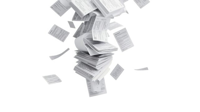 Falling stack of documents and papers in mid-air against white background